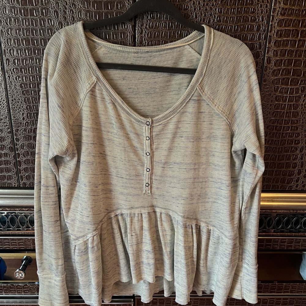 Free People Waffle Knit Peplum Henley Long Sleeve Top